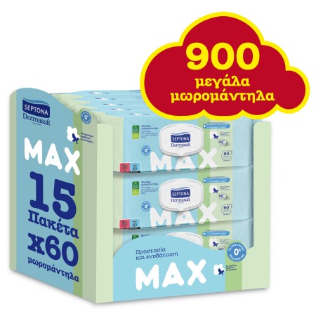 Septona Bundle DermaSoft MAX Μεγάλα Μωρομάντηλα με Εκχύλισμα Βαμβακιού & Γλυκερίνη 900 Τεμάχια 