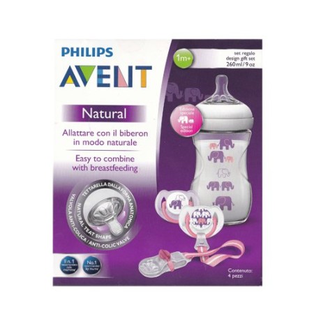 Avent Philips Elephant Σετ Δώρου με Ροζ - Μωβ Ελεφαντάκια, περιλαμβάνει Πλαστικό Μπιμπερό Natural, 