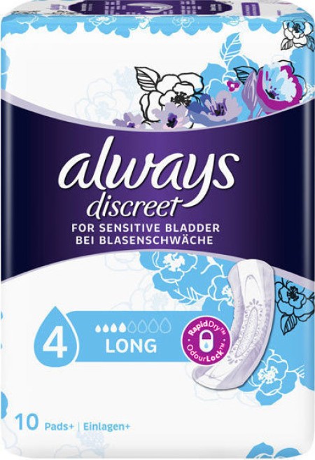 Always Discreet Lady Pads Long Σερβιέτες Ακράτειας 10 Τεμάχια